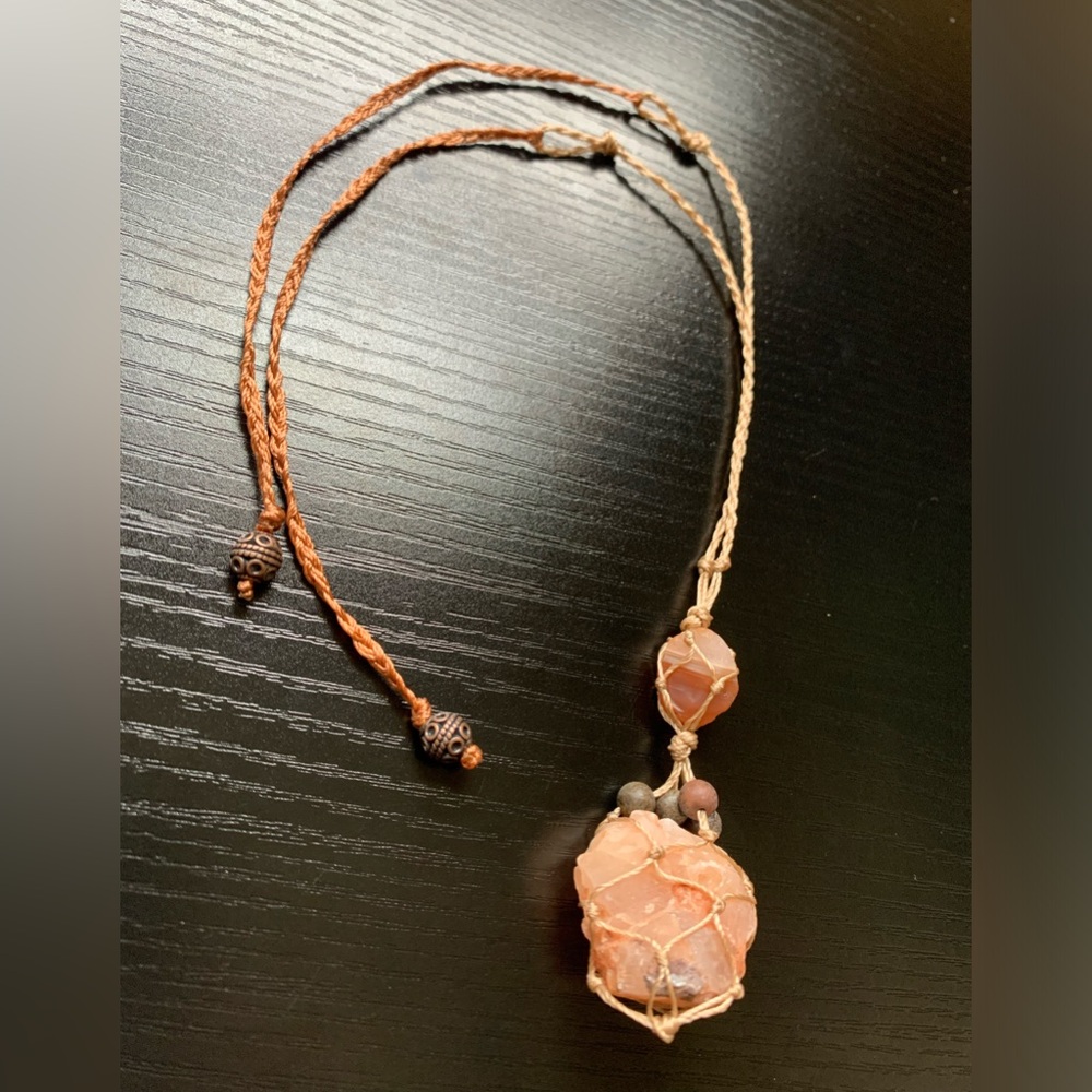 Peach Orca Agate Geode & Pink Calcite | Self Tie Macrame Pendant Necklace